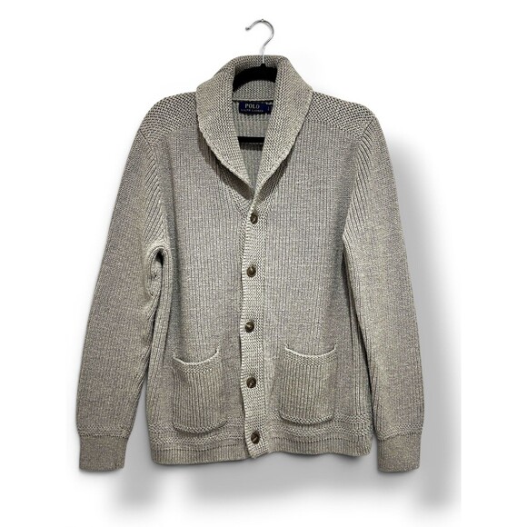 Polo by Ralph Lauren Other - Polo Ralph Lauren Cotton Chunky Knit Shawl Collar Cardigan Gray Men’s Sz L